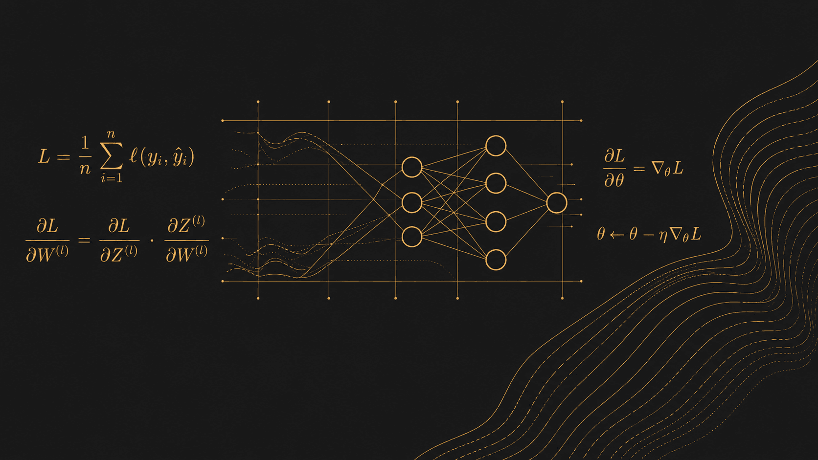 Backpropagation equations, a small neural network diagram, and copper waves on a dark research notebook
