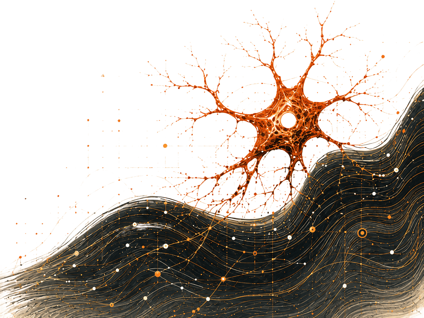 A copper-orange neuron illustration with a black wave of dotted network connections trailing beneath it