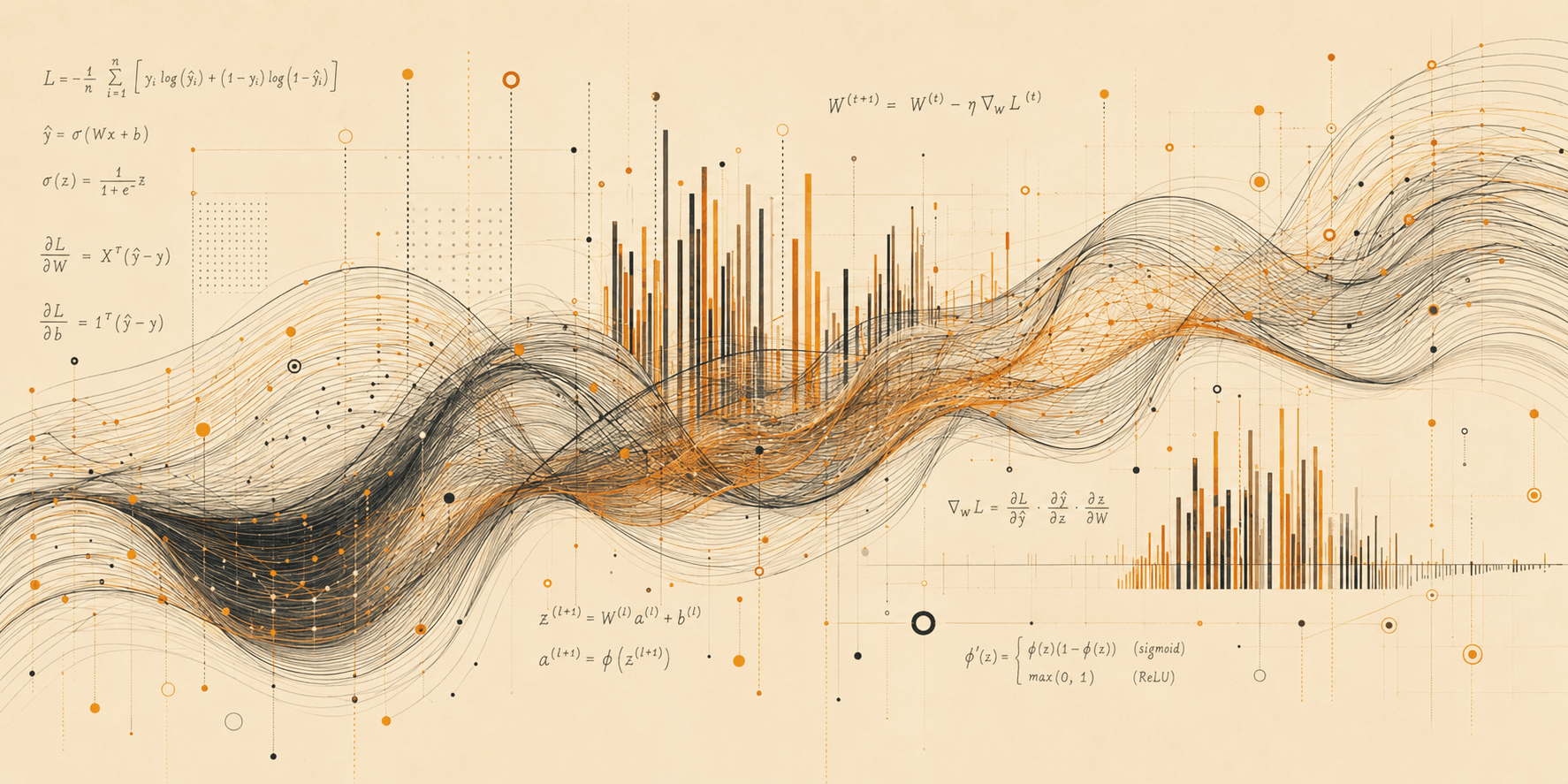 Hand-drawn training loss curves overlaid with calculus annotations